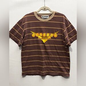 PLAYBOY PacSun Brown Striped Tee with Yellow Logo Shirt Large